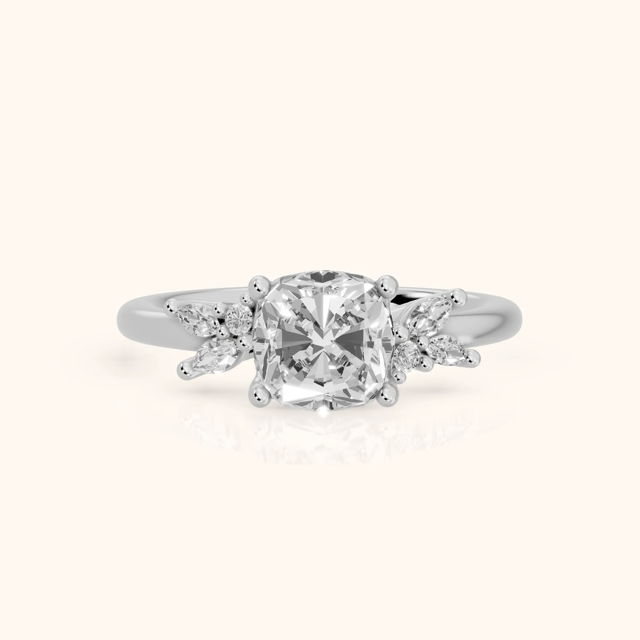 Avon Leaf Cluster Cushion Diamond Engagement Ring in Silver — view 1