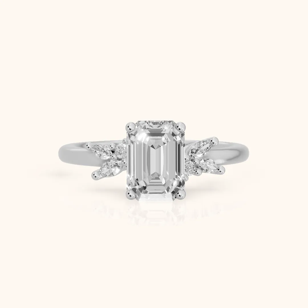 Avon Leaf Cluster Emerald Diamond Engagement Ring in Silver — view 2