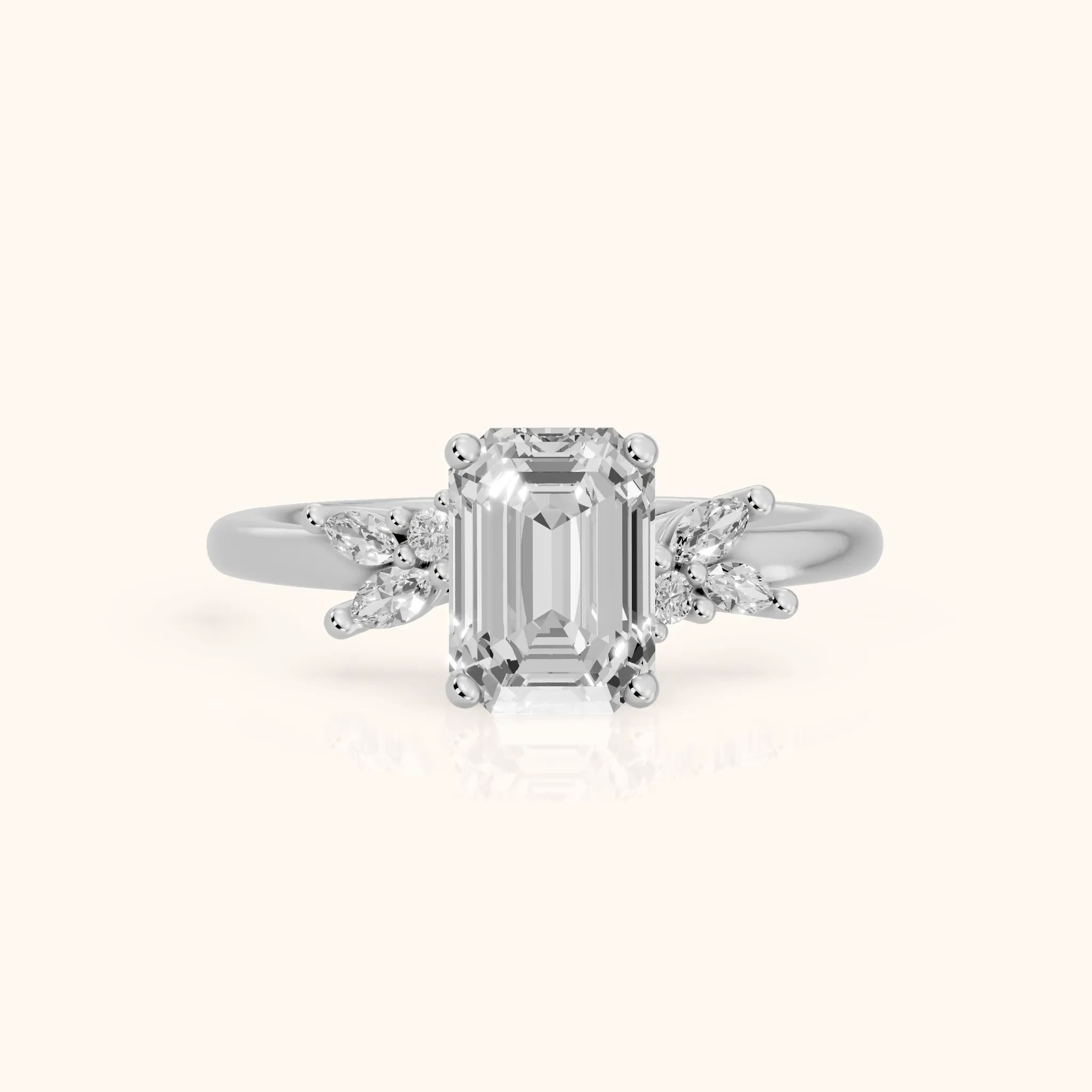 Avon Leaf Cluster Emerald Diamond Engagement Ring in Silver — view 1