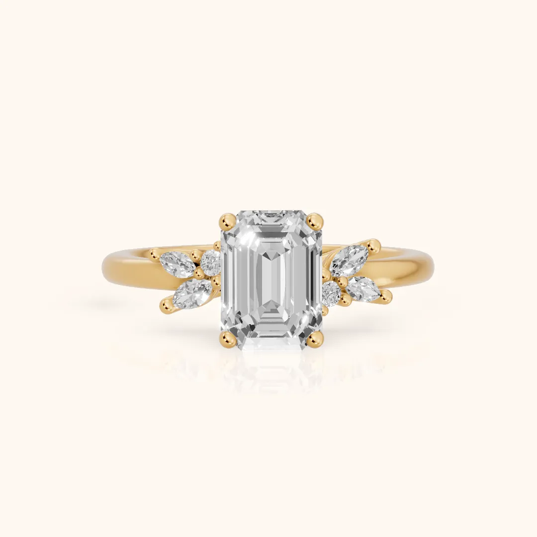 Avon Leaf Cluster Emerald Diamond Engagement Ring in Yellow Gold — view 2