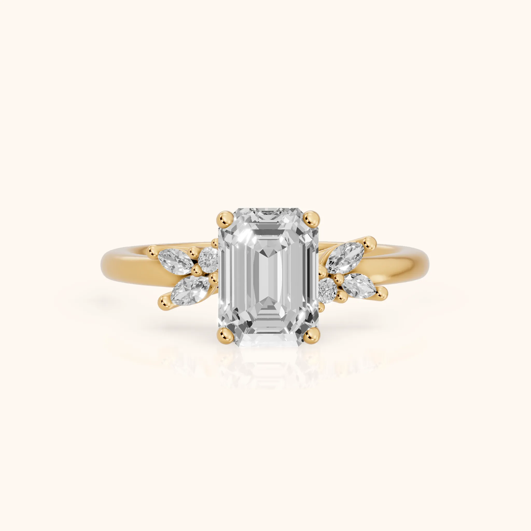 Avon Leaf Cluster Emerald Diamond Engagement Ring in Yellow Gold — view 1