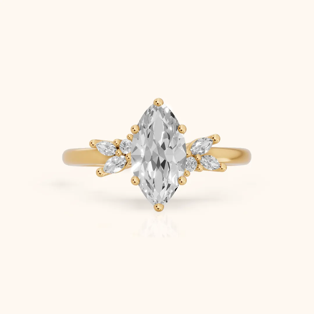 Avon Leaf Cluster Marquise Diamond Engagement Ring in Yellow Gold — view 2