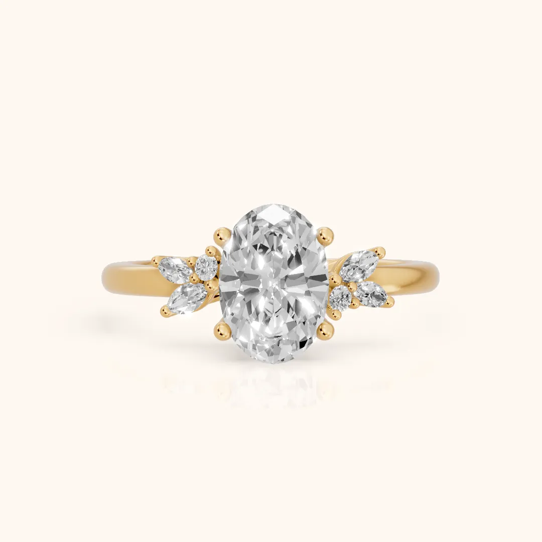 Avon Leaf Cluster Oval Diamond Engagement Ring in Yellow Gold — view 2