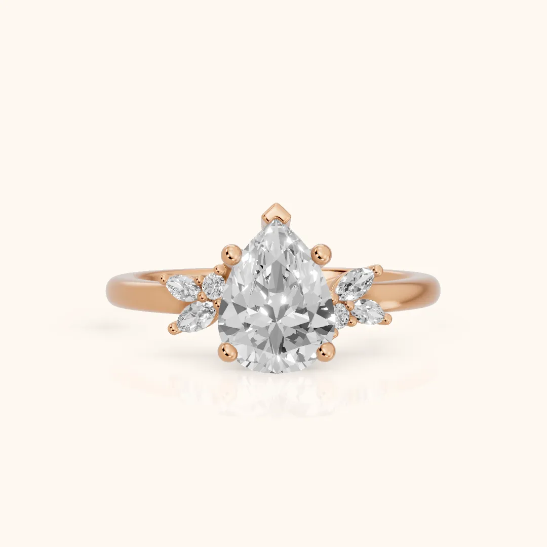 Avon Leaf Cluster Pear Diamond Engagement Ring in Rose Gold — view 2