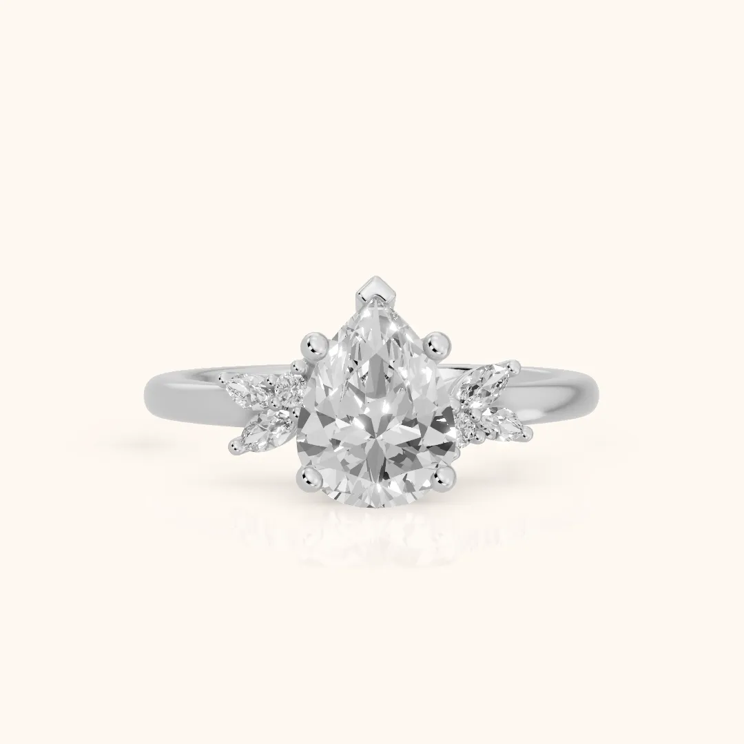 Avon Leaf Cluster Pear Diamond Engagement Ring in Silver — view 2