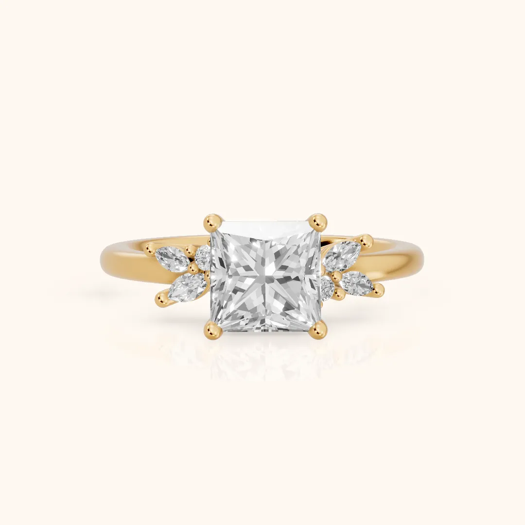 Avon Leaf Cluster Princess Diamond Engagement Ring in Yellow Gold — view 2