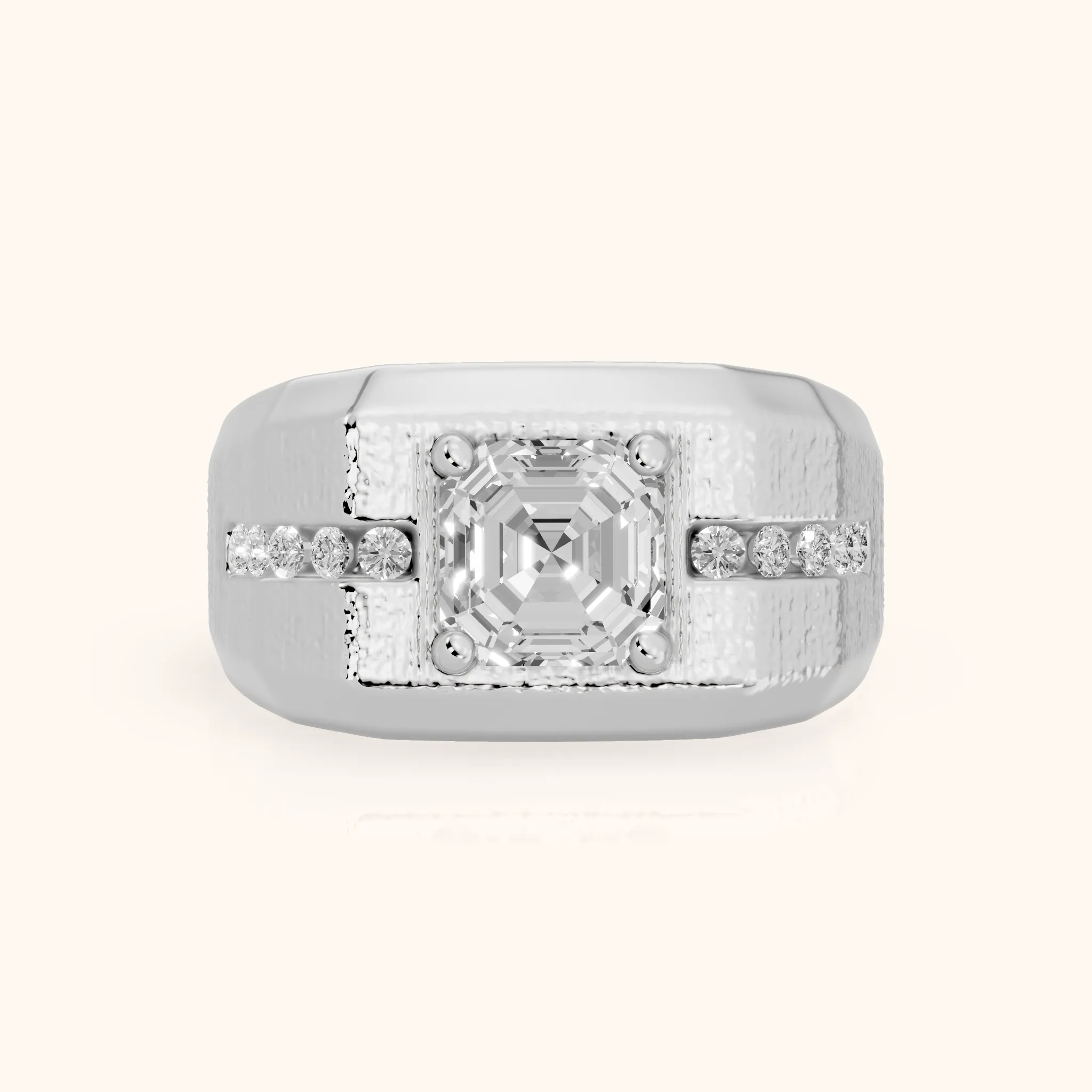 Ames Engraved Channel Set Asscher Diamond Engagement Ring in Silver — view 1