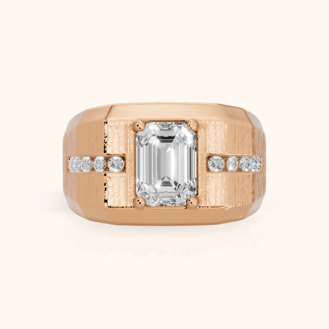 Ames Engraved Channel Set Emerald Diamond Engagement Ring in Rose Gold — view 2