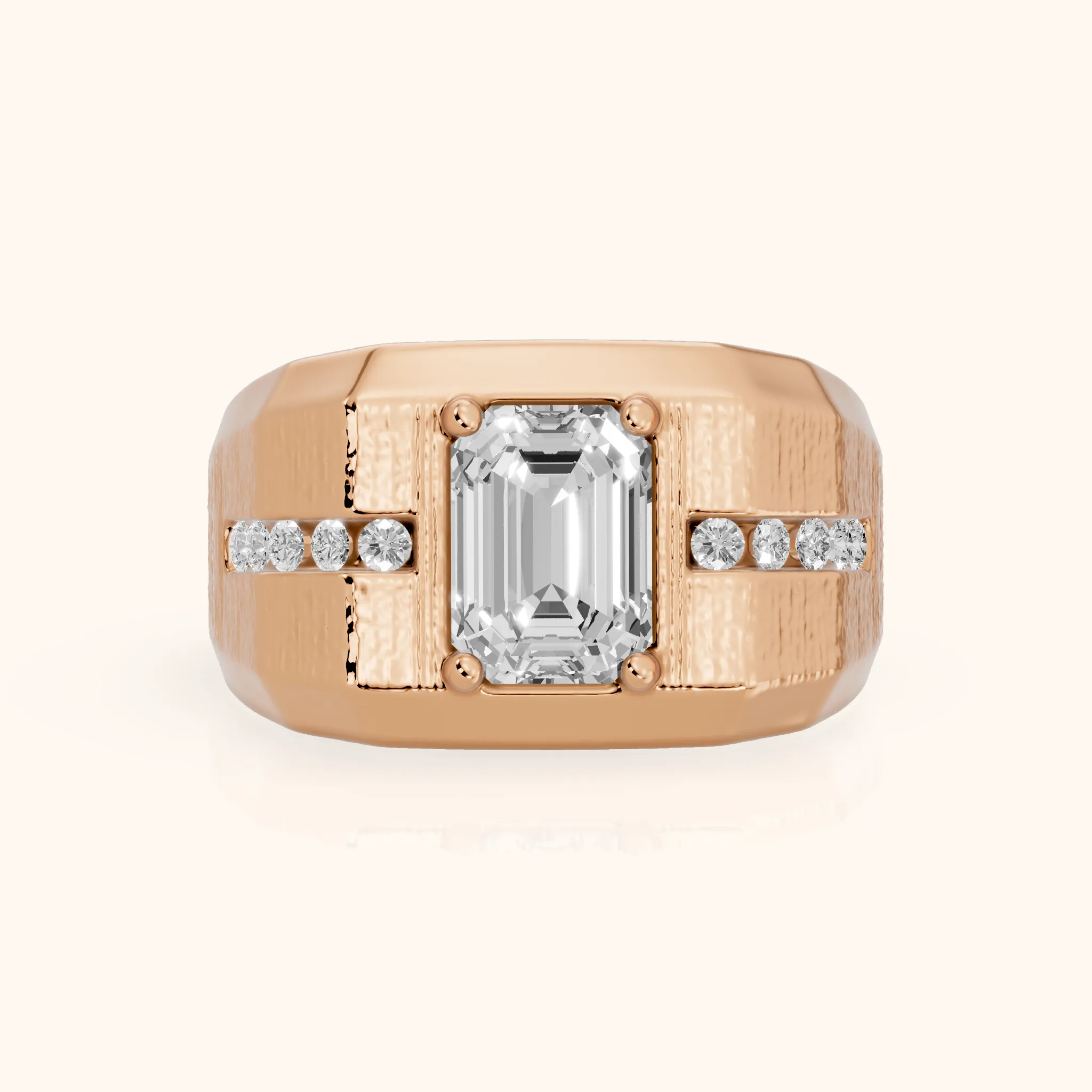 Ames Engraved Channel Set Emerald Diamond Engagement Ring in Rose Gold — view 1