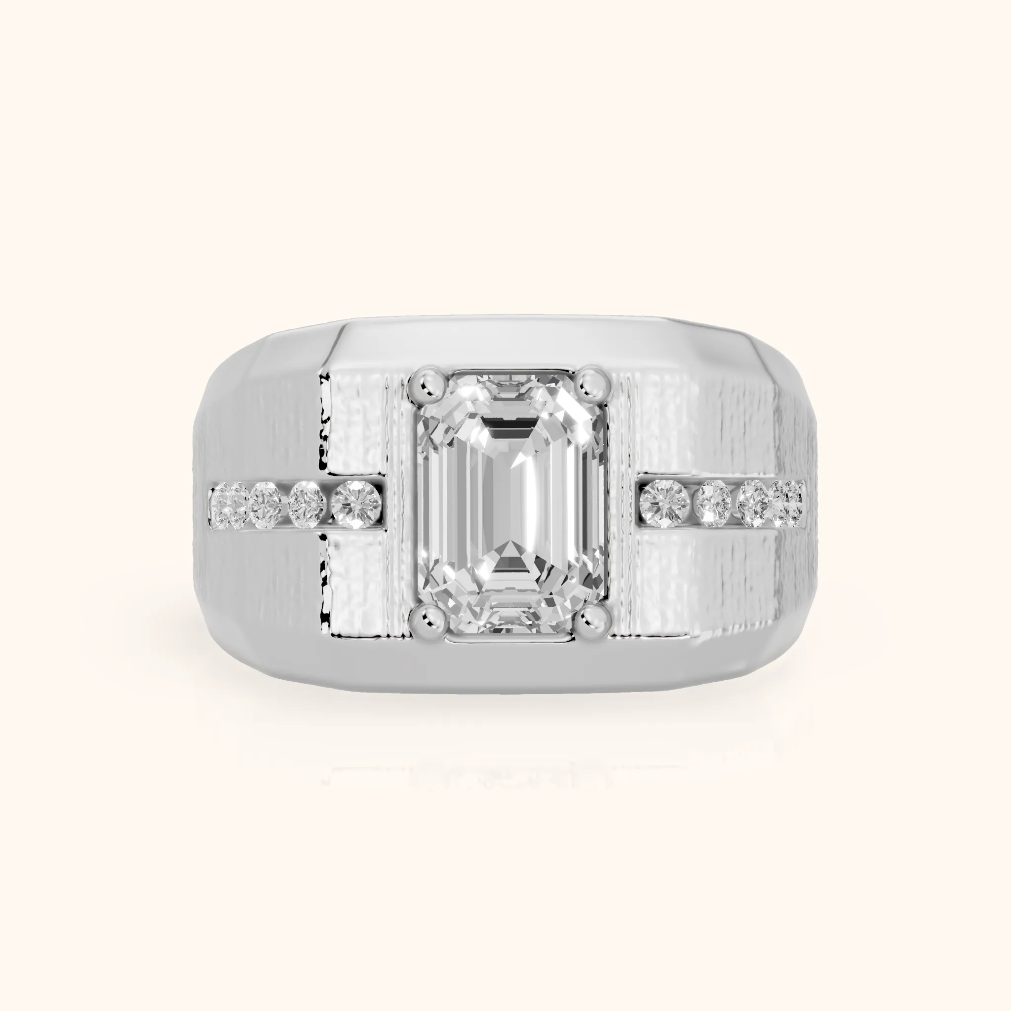 Ames Engraved Channel Set Emerald Diamond Engagement Ring in Silver — view 1