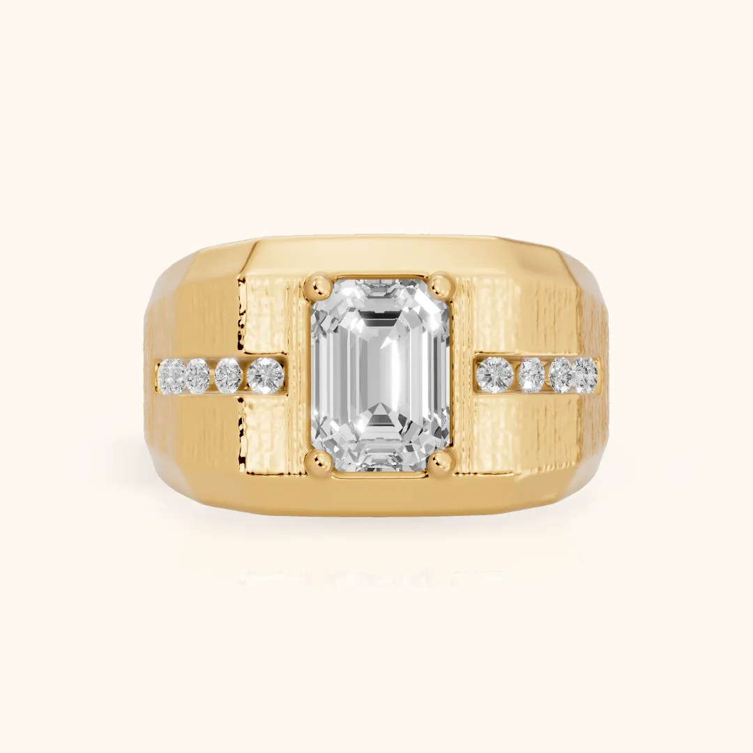 Ames Engraved Channel Set Emerald Diamond Engagement Ring in Yellow Gold — view 2
