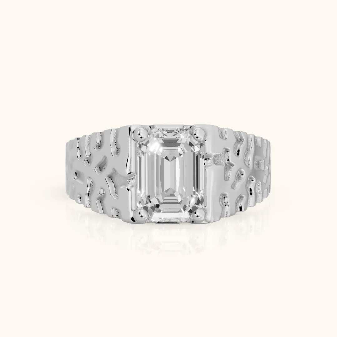 Erie Hammered Solitaire Emerald Diamond Engagement Ring in Silver — view 2