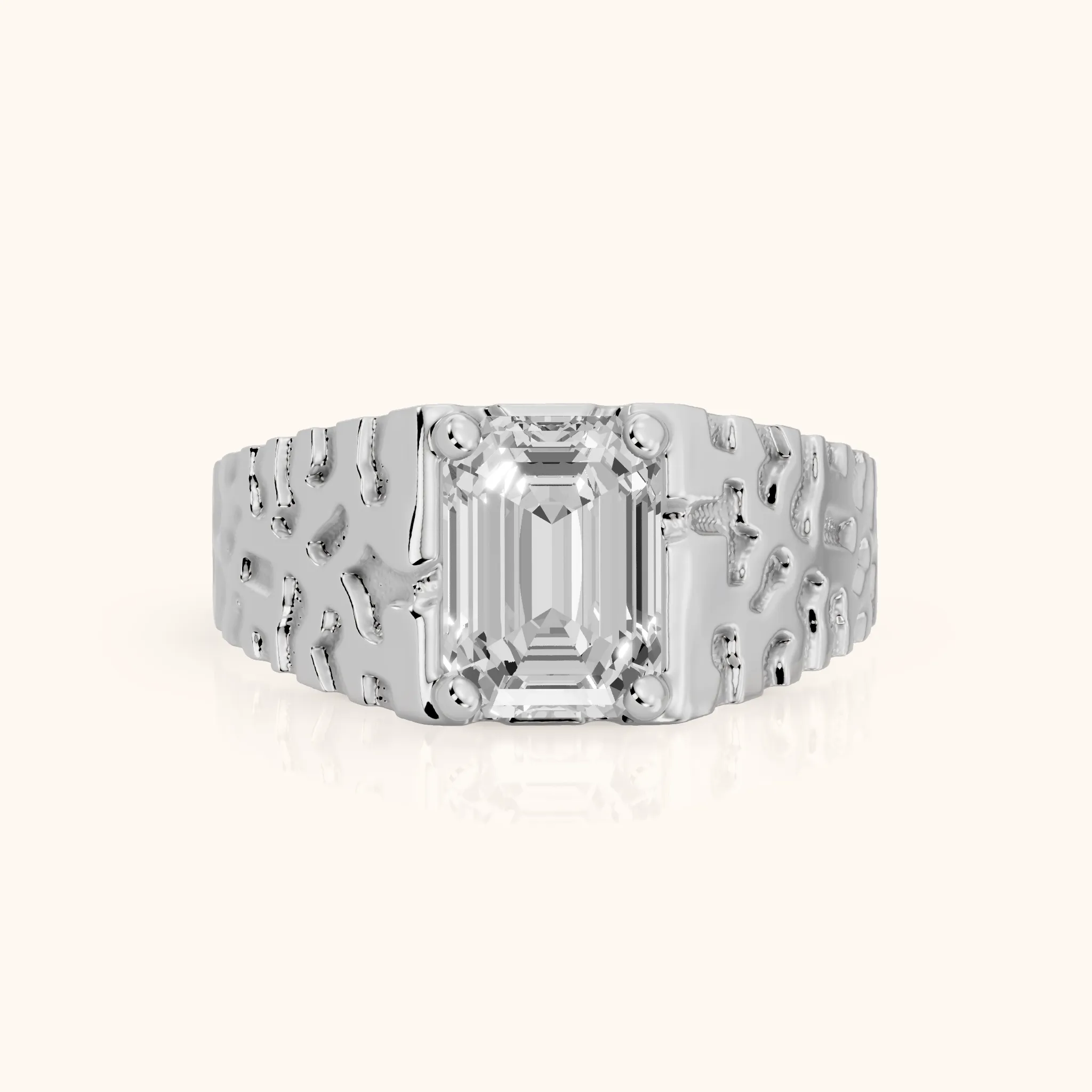 Erie Hammered Solitaire Emerald Diamond Engagement Ring in Silver — view 1