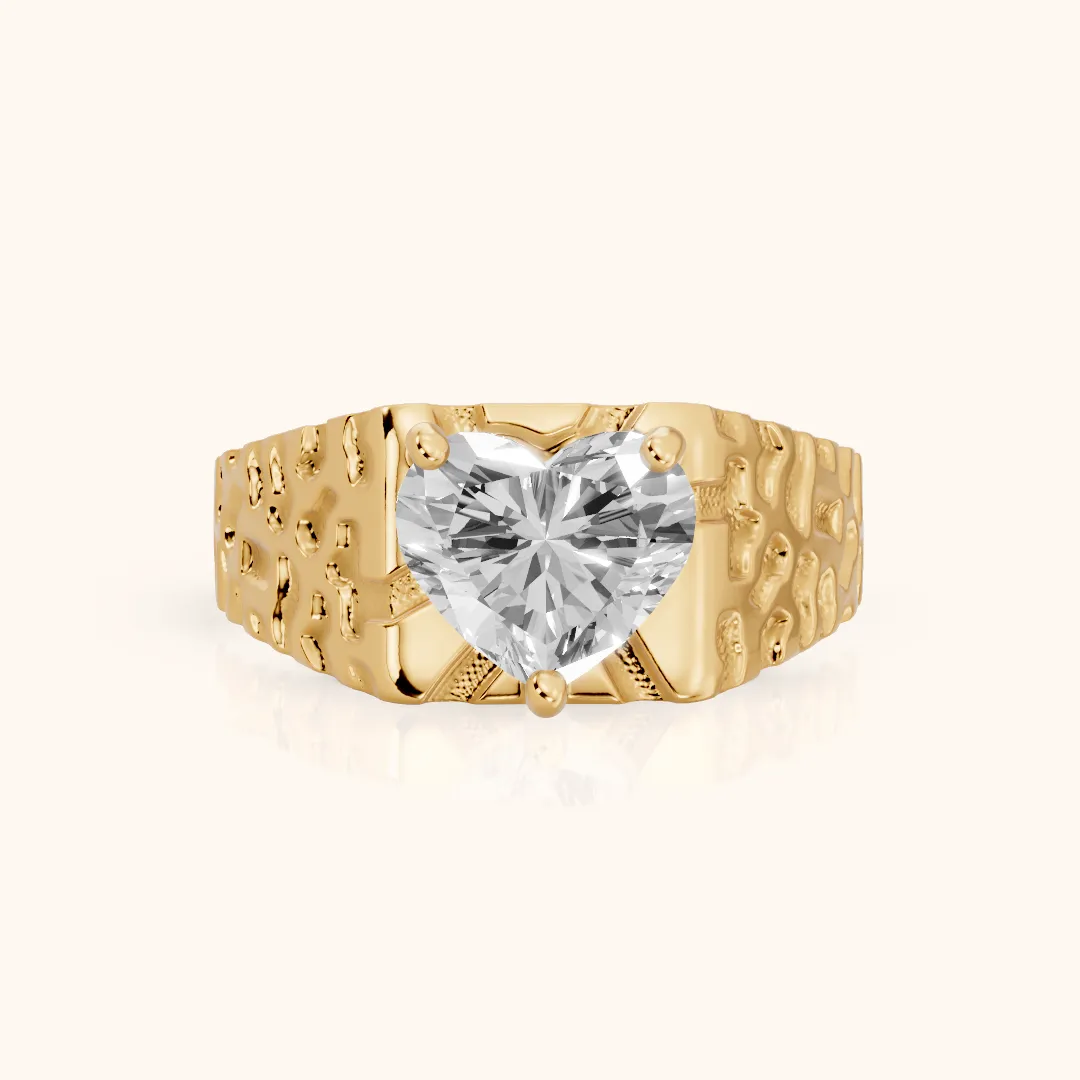 Erie Hammered Solitaire Heart Diamond Engagement Ring in Yellow Gold — view 2
