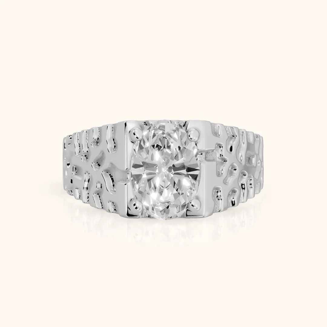 Erie Hammered Solitaire Oval Diamond Engagement Ring in Silver — view 2