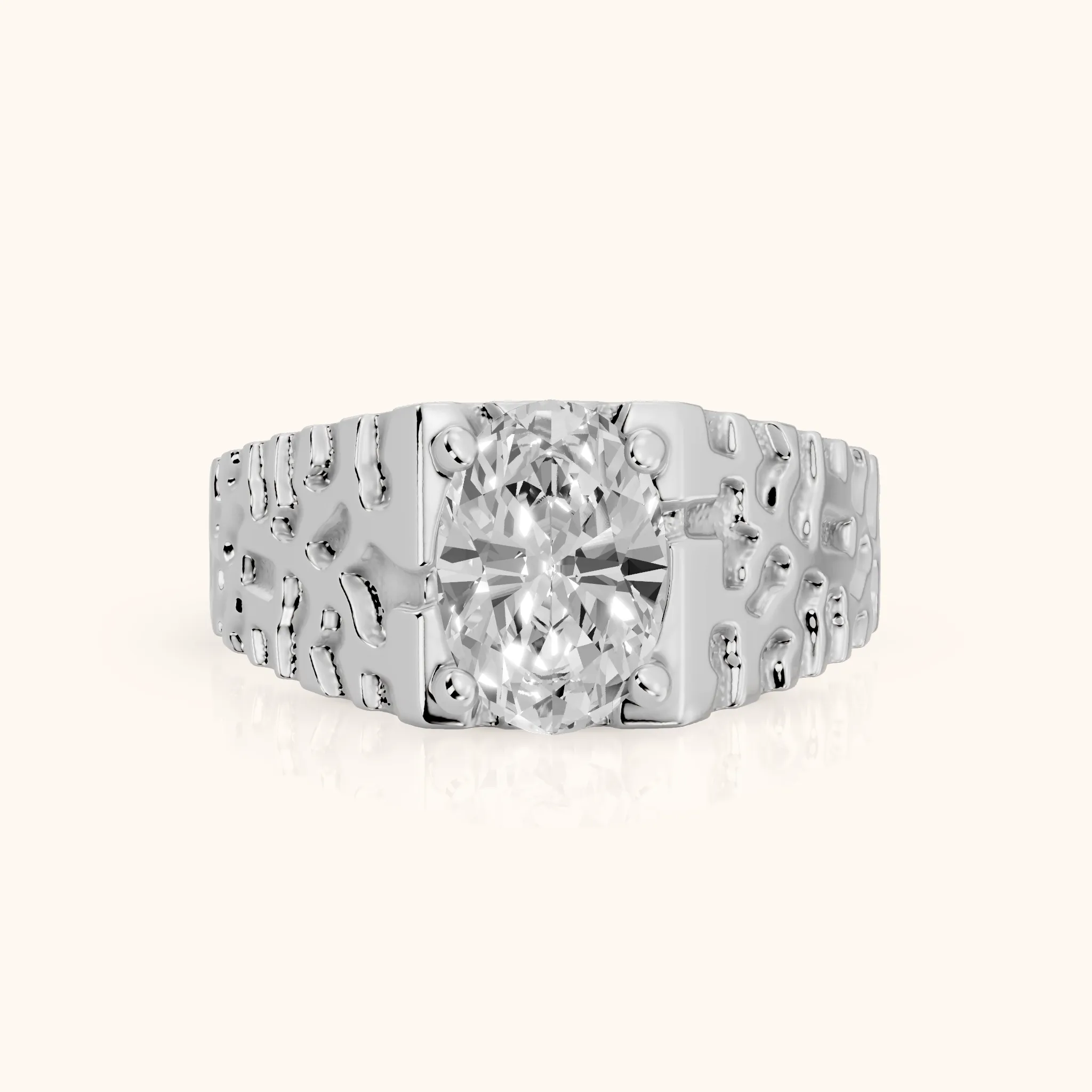Erie Hammered Solitaire Oval Diamond Engagement Ring in Silver — view 1