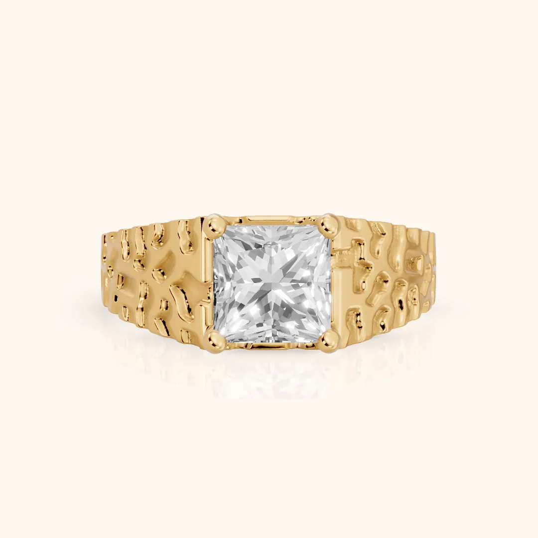Erie Hammered Solitaire Princess Diamond Engagement Ring in Yellow Gold — view 2