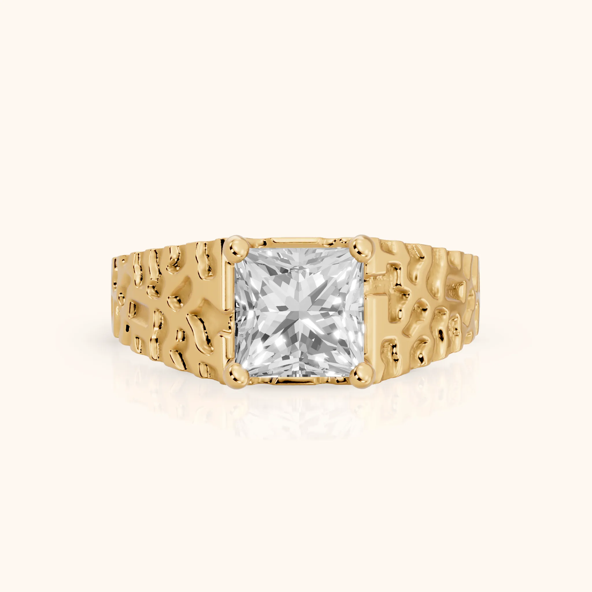 Erie Hammered Solitaire Princess Diamond Engagement Ring in Yellow Gold — view 1