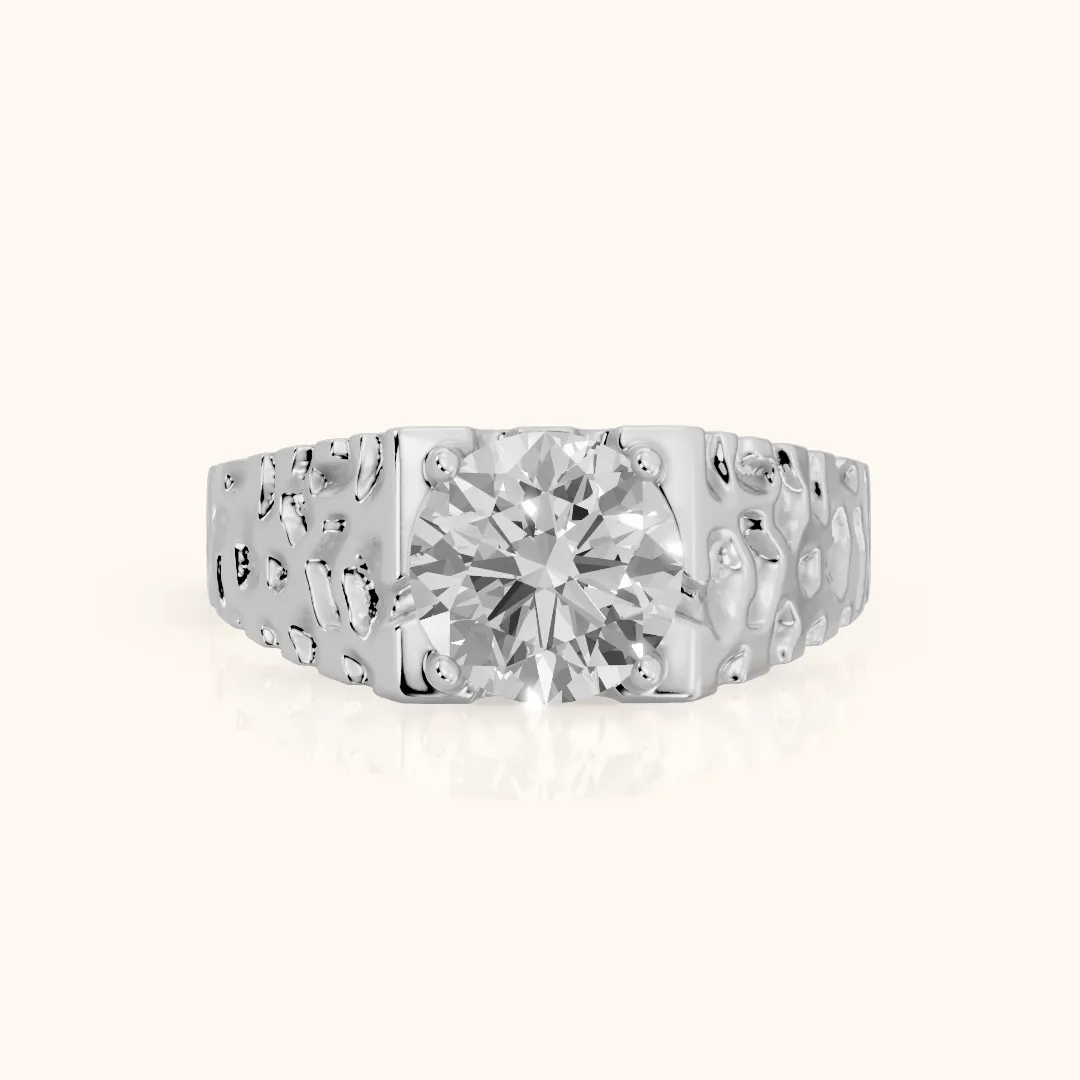 Erie Hammered Solitaire Round Diamond Engagement Ring in Silver — view 2