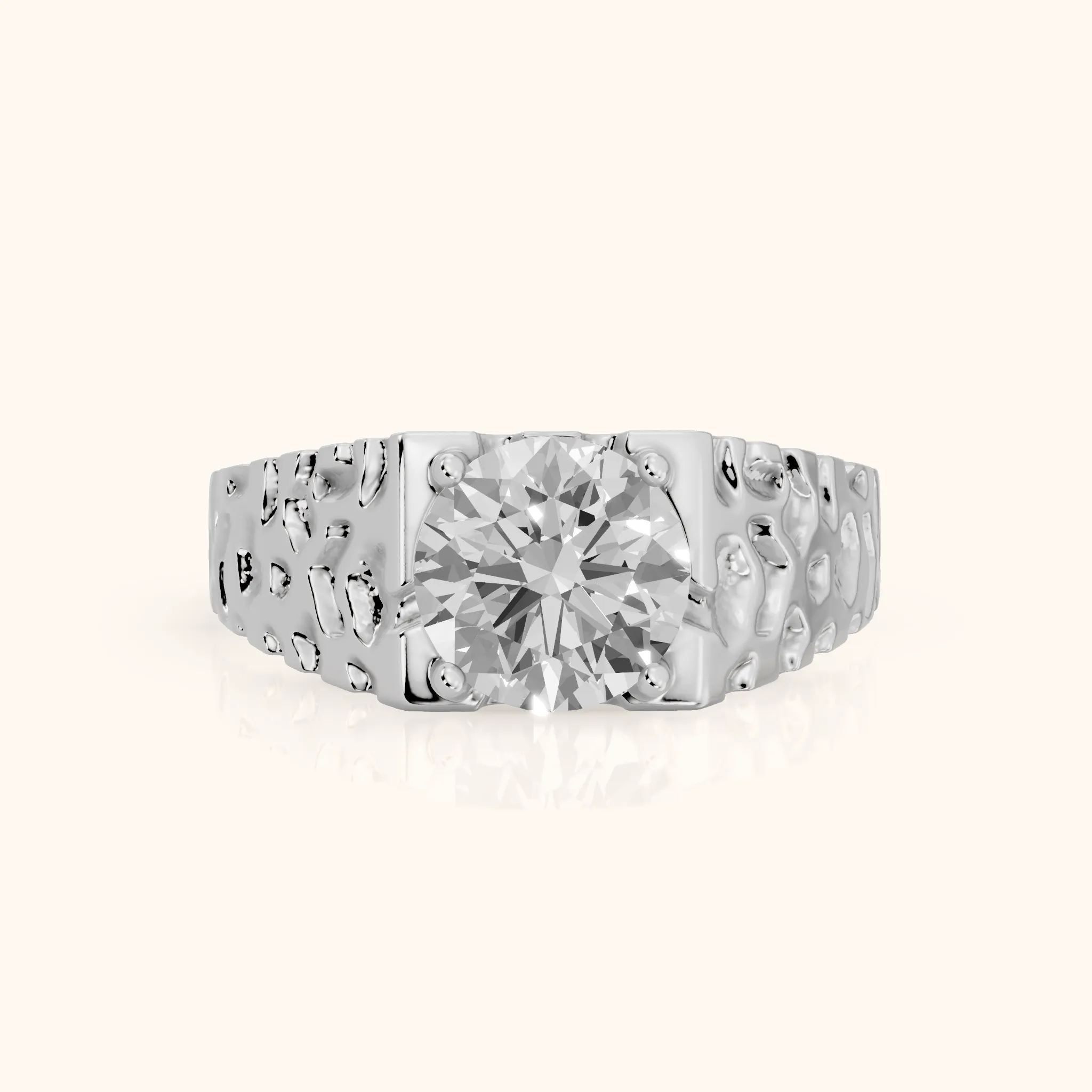Erie Hammered Solitaire Round Diamond Engagement Ring in Silver — view 1