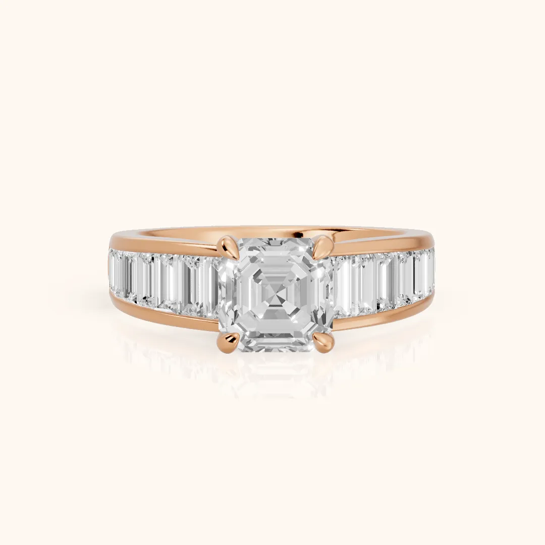 Hilo Baguette Channel Set Asscher Diamond Engagement Ring in Rose Gold — view 2