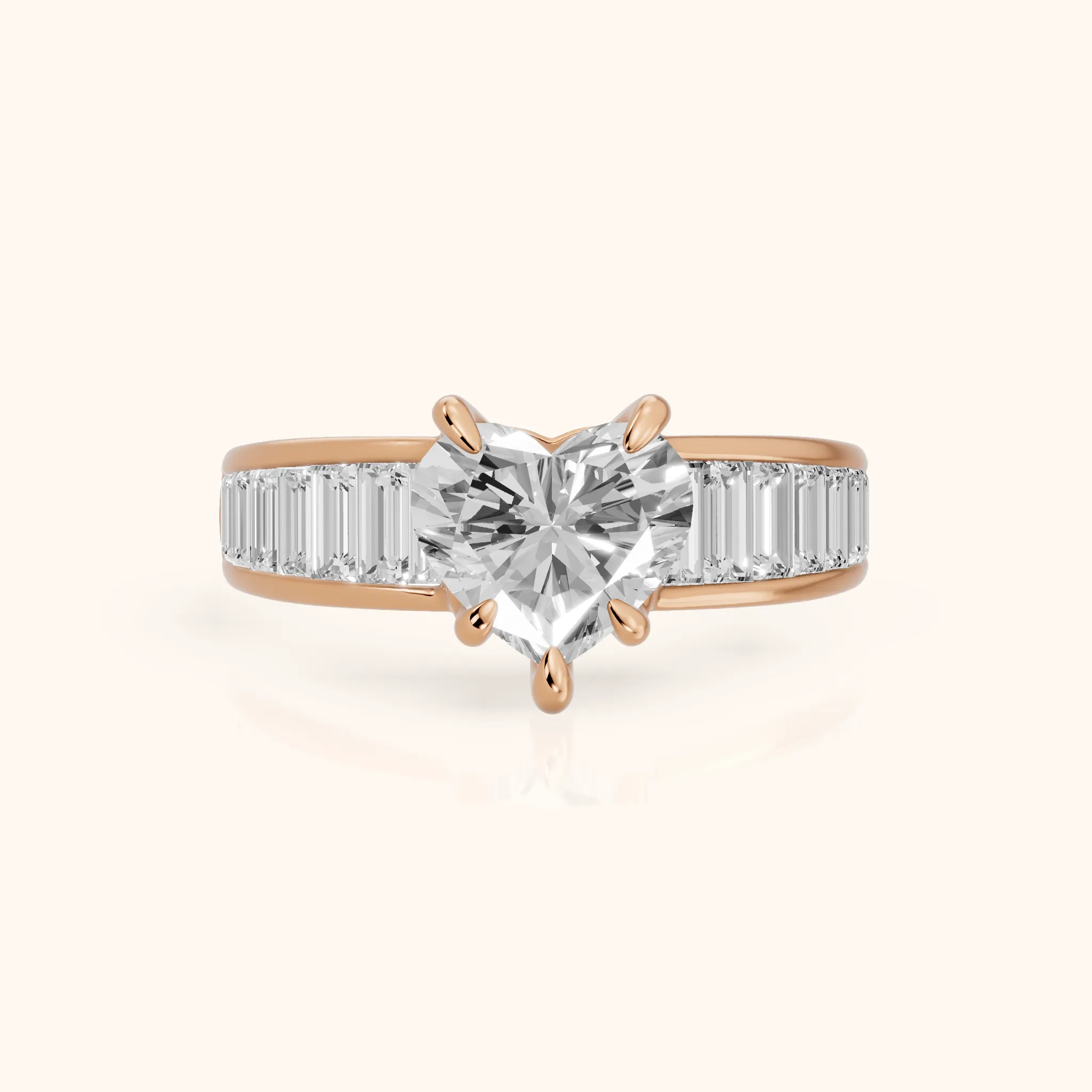 Hilo Baguette Channel Set Heart Diamond Engagement Ring in Rose Gold — view 1