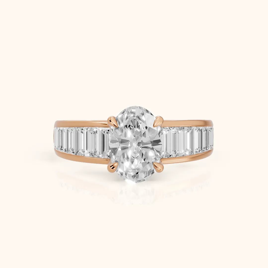 Hilo Baguette Channel Set Oval Diamond Engagement Ring in Rose Gold — view 2