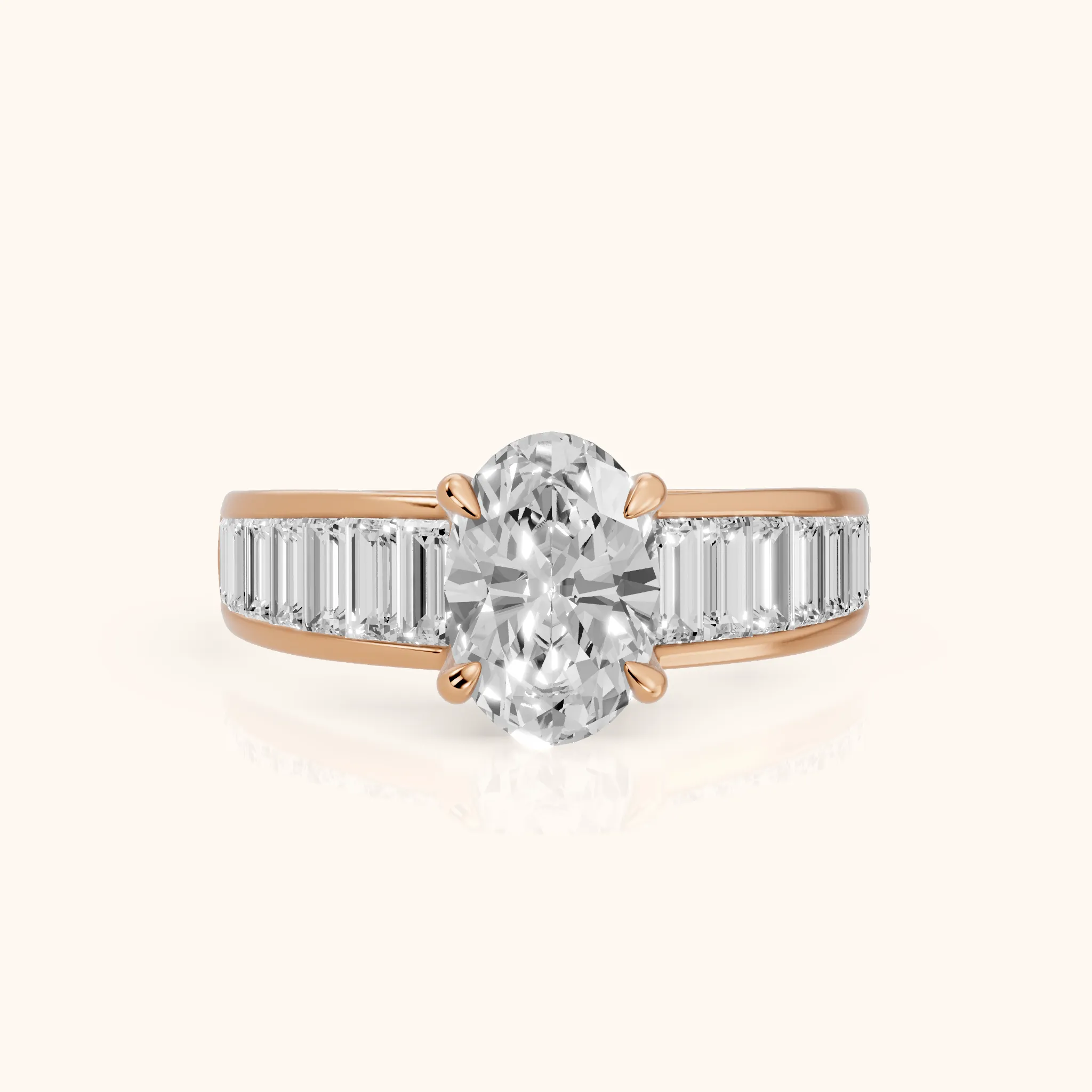 Hilo Baguette Channel Set Oval Diamond Engagement Ring in Rose Gold — view 1