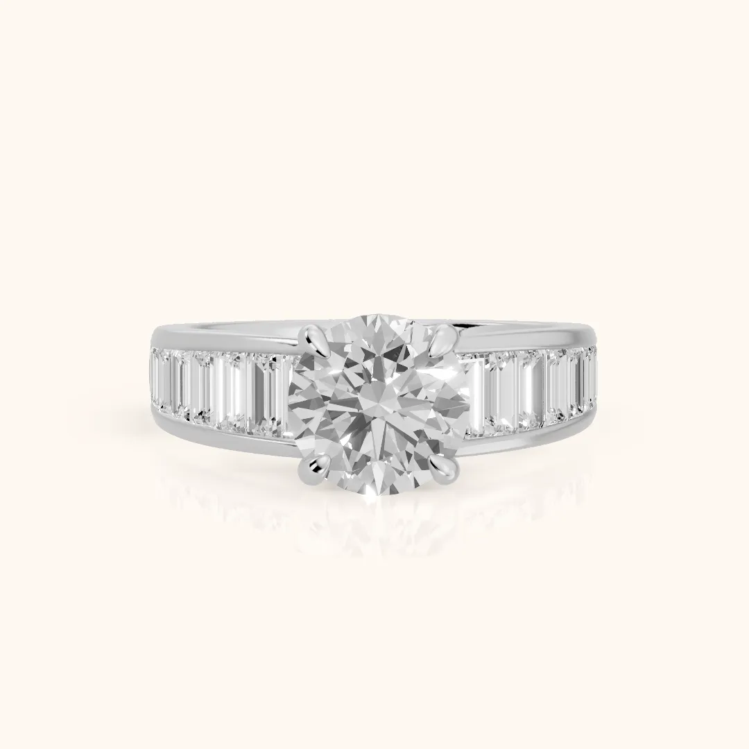 Hilo Baguette Channel Set Round Diamond Engagement Ring in White Gold — view 2
