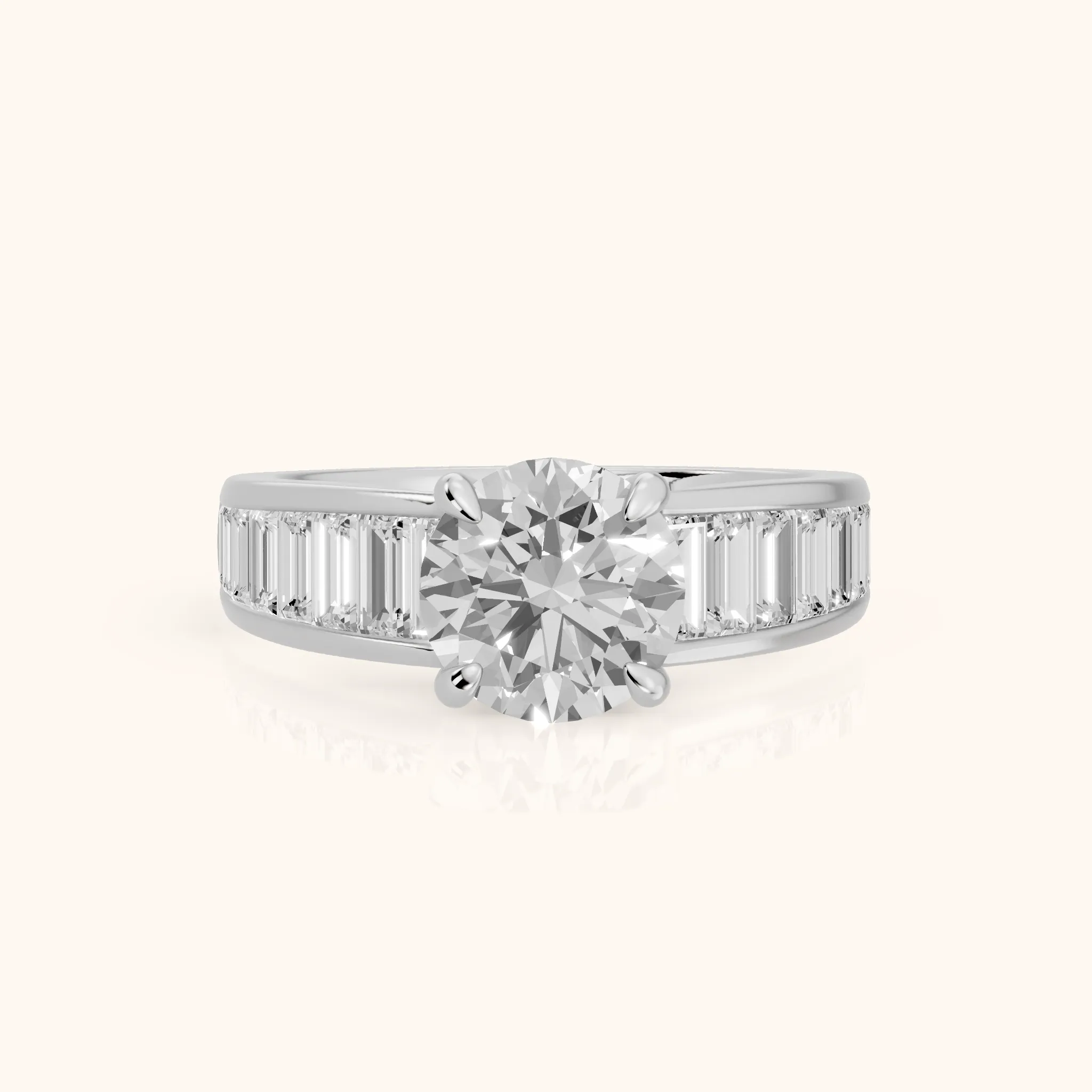 Hilo Baguette Channel Set Round Diamond Engagement Ring in White Gold — view 1