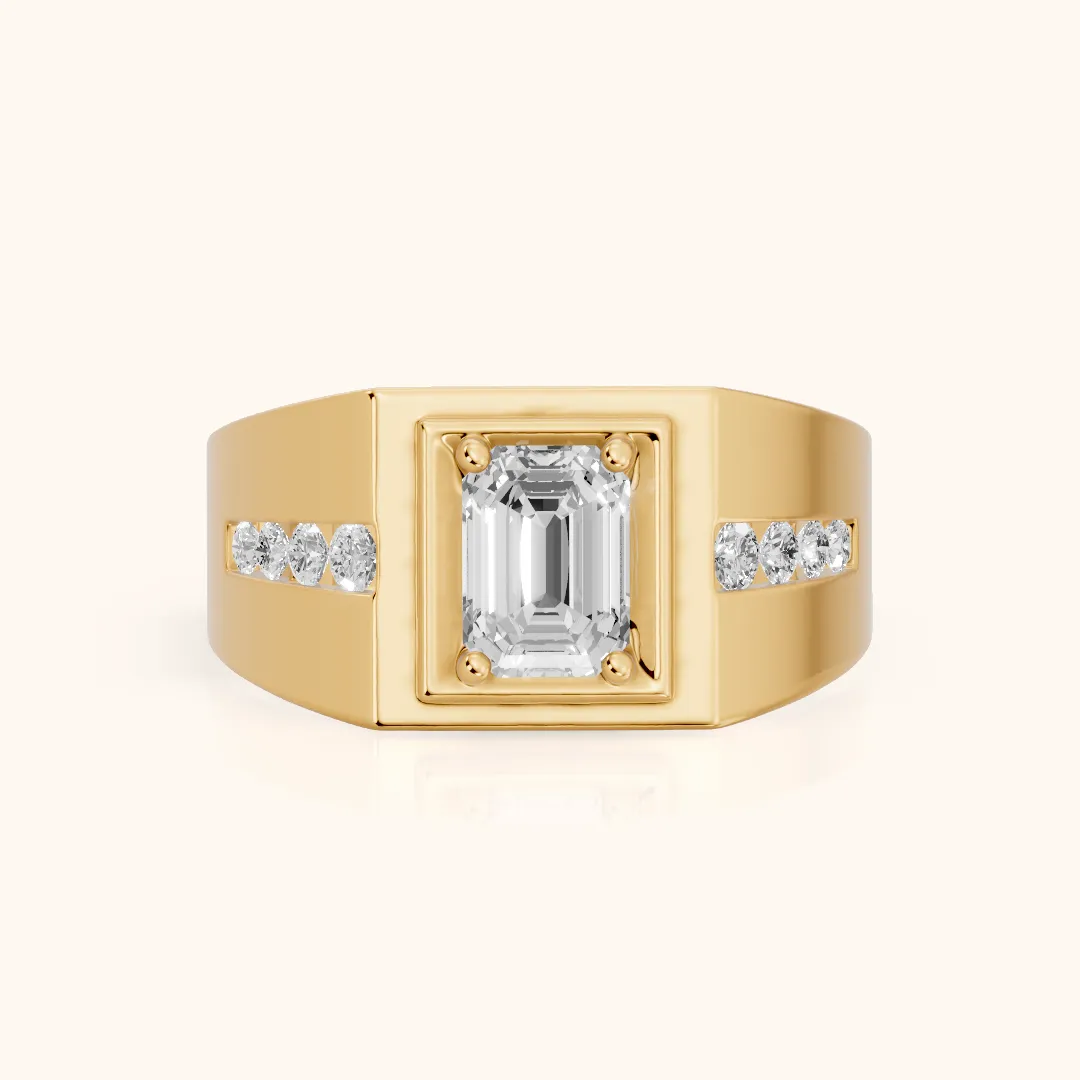 Orem Wide Band Channel Set Emerald Diamond Engagement Ring in Yellow Gold — view 2