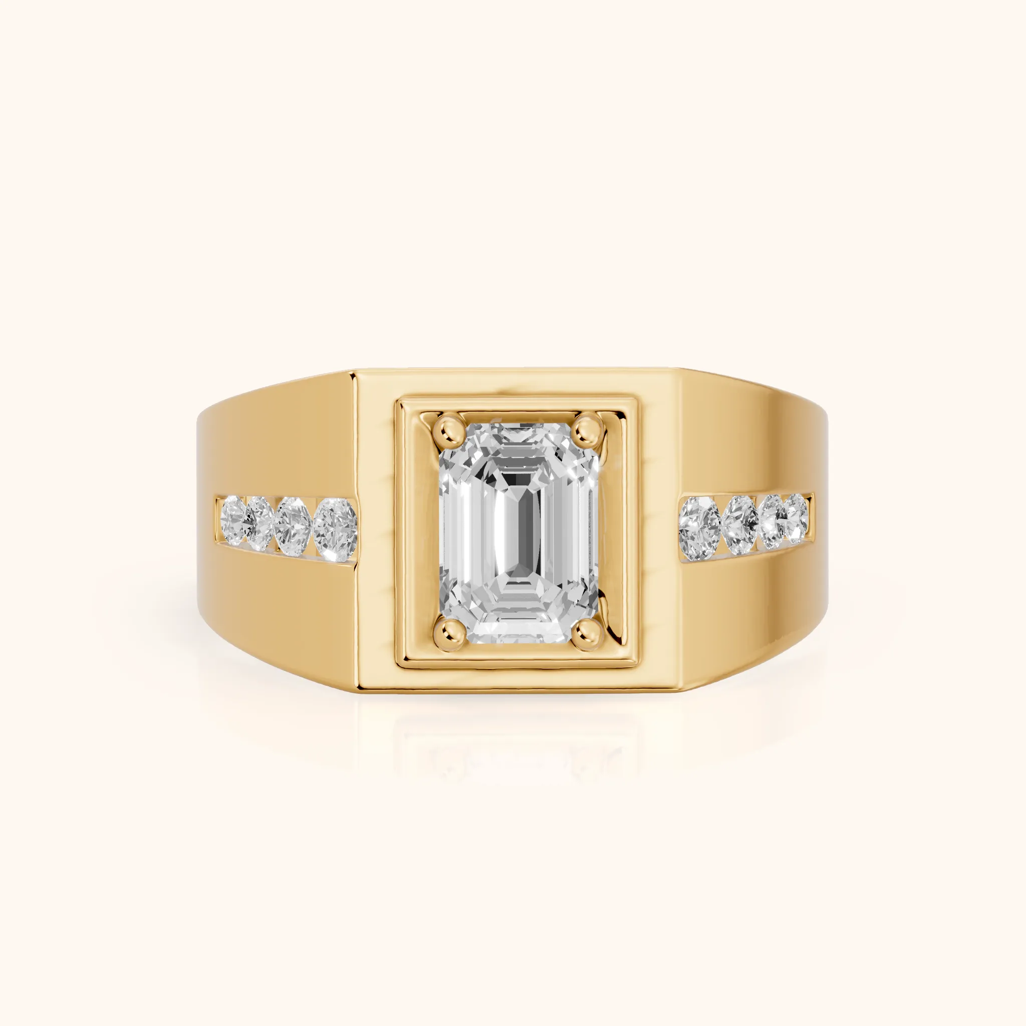 Orem Wide Band Channel Set Emerald Diamond Engagement Ring in Yellow Gold — view 1