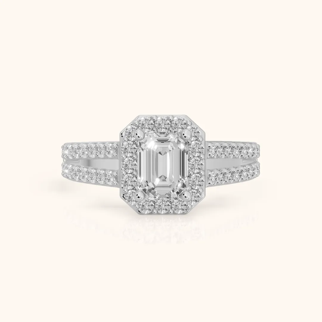 Tampa Halo Split Shank Emerald Diamond Engagement Ring in Platinum — view 2