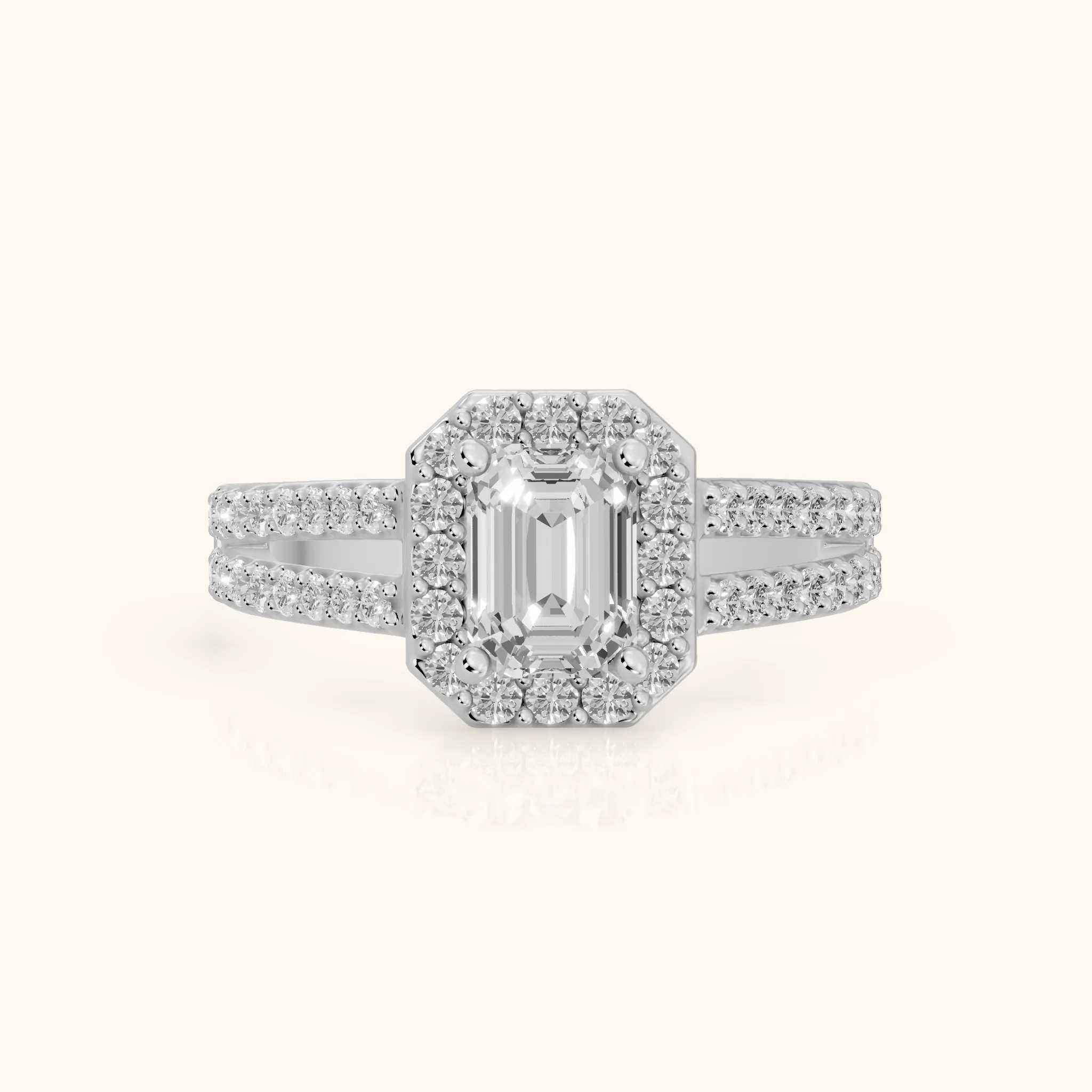 Tampa Halo Split Shank Emerald Diamond Engagement Ring in Platinum — view 1