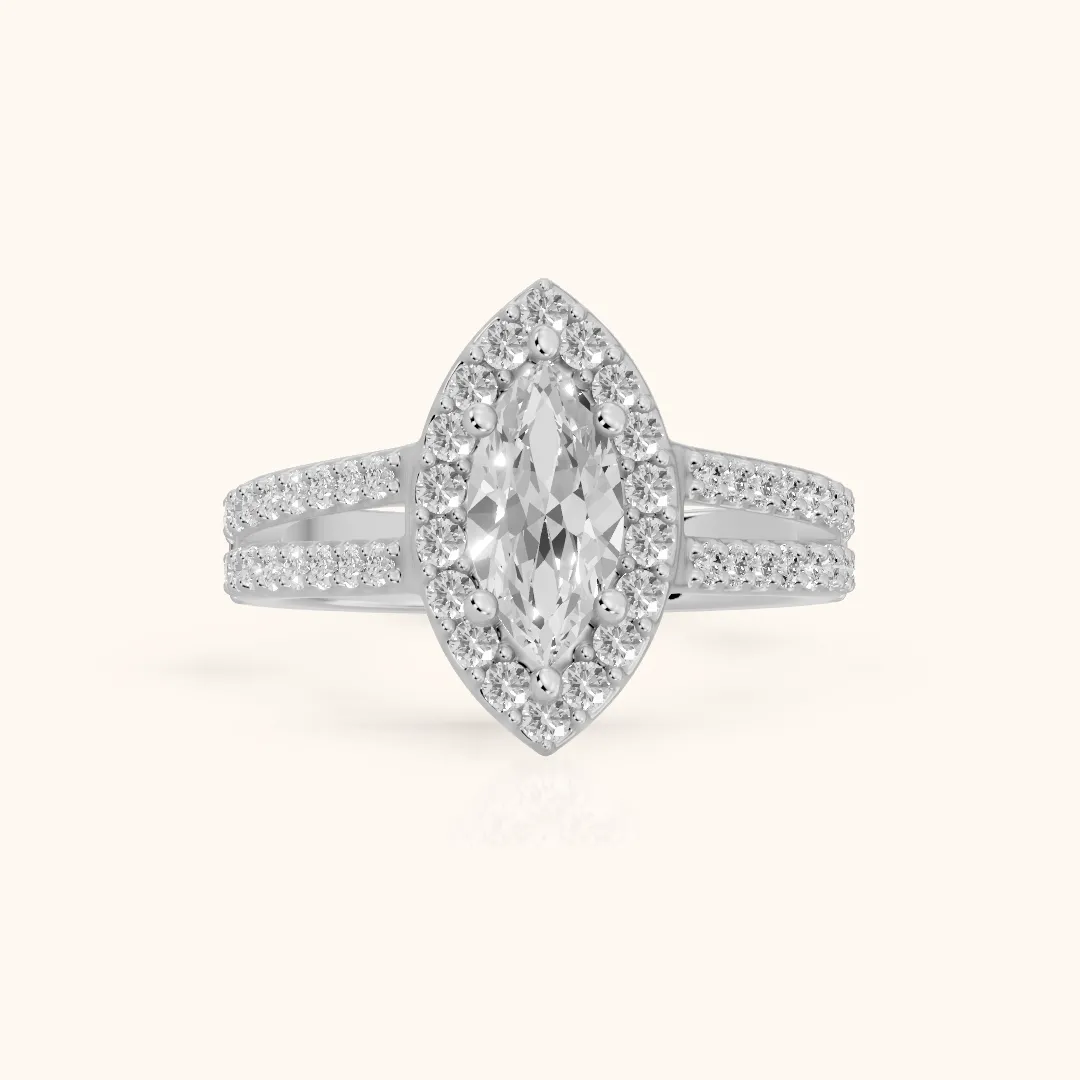 Tampa Halo Split Shank Marquise Diamond Engagement Ring in Platinum — view 2