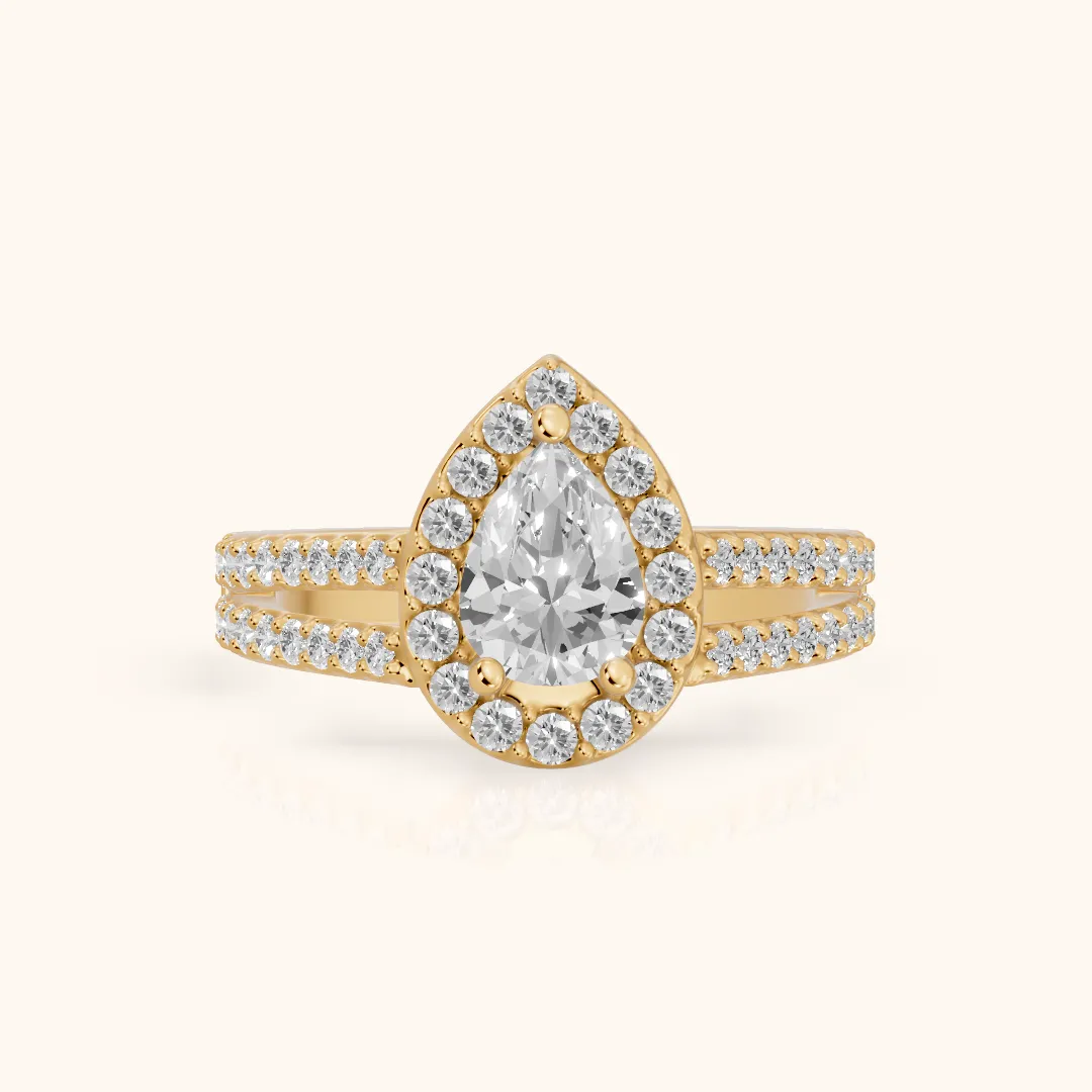Tampa Halo Split Shank Pear Diamond Engagement Ring in Yellow Gold — view 2