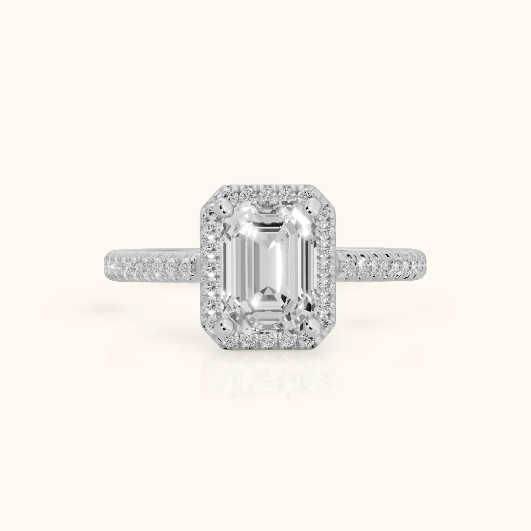 Tempe Halo Pavé Emerald Diamond Engagement Ring in Platinum — view 2