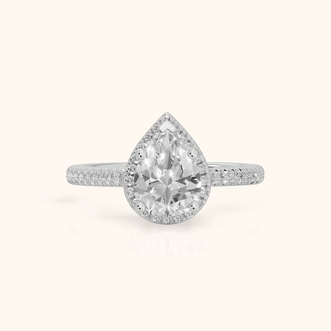 Tempe Halo Pavé Pear Diamond Engagement Ring in Platinum — view 2