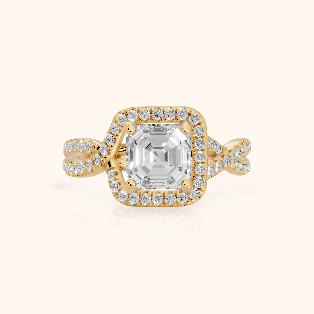 Selma Twist Halo Asscher Diamond Engagement Ring in Yellow Gold — view 2