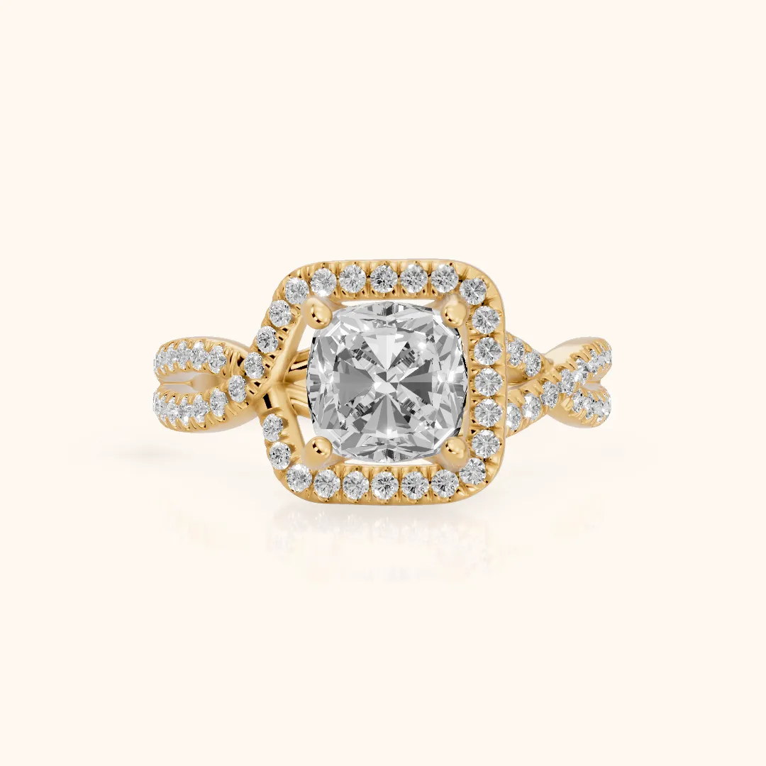 Selma Twist Halo Cushion Diamond Engagement Ring in Yellow Gold — view 2