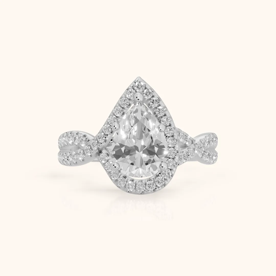 Selma Twist Halo Pear Diamond Engagement Ring in White Gold — view 2