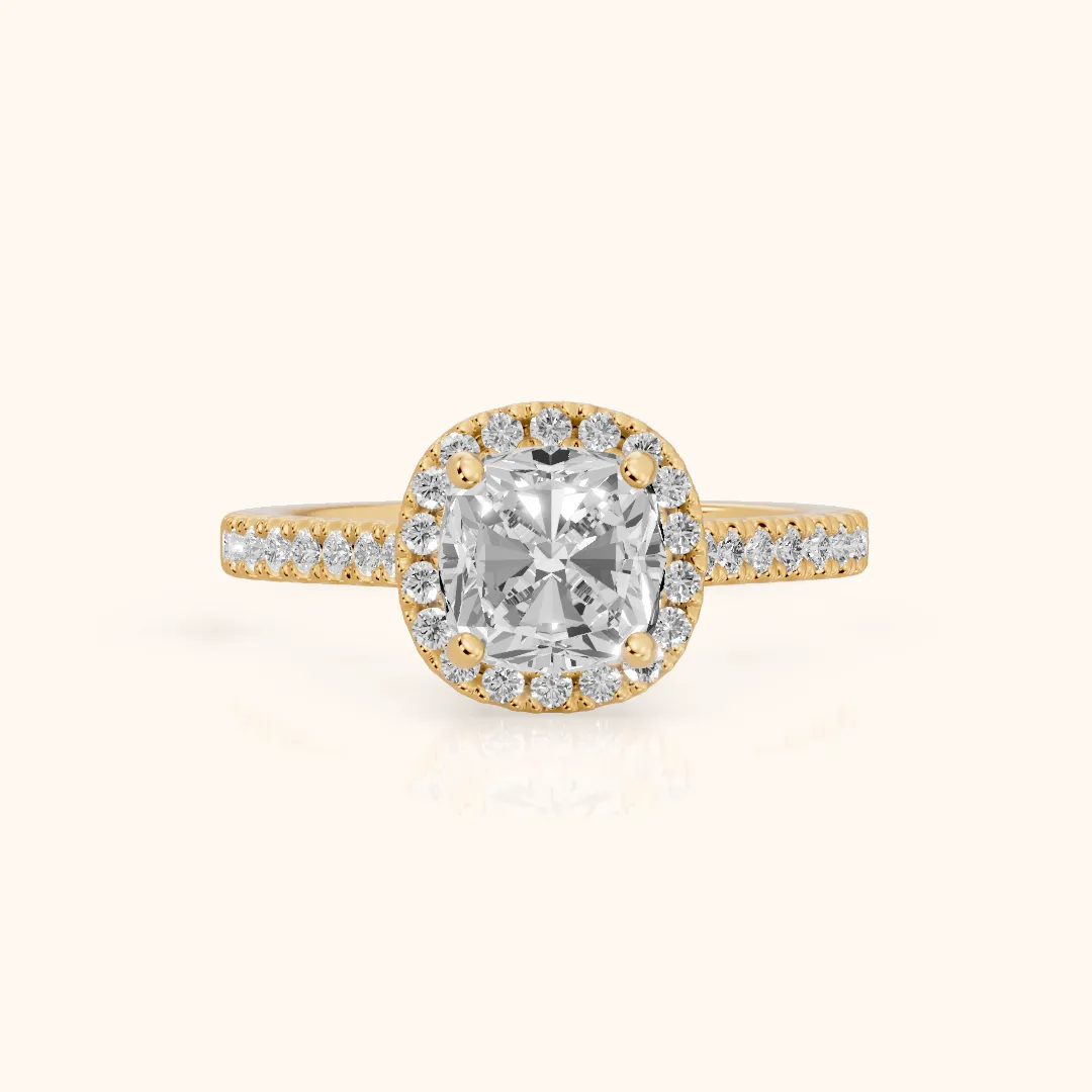 Savoy Halo Pavé Cushion Diamond Engagement Ring in Yellow Gold — view 2