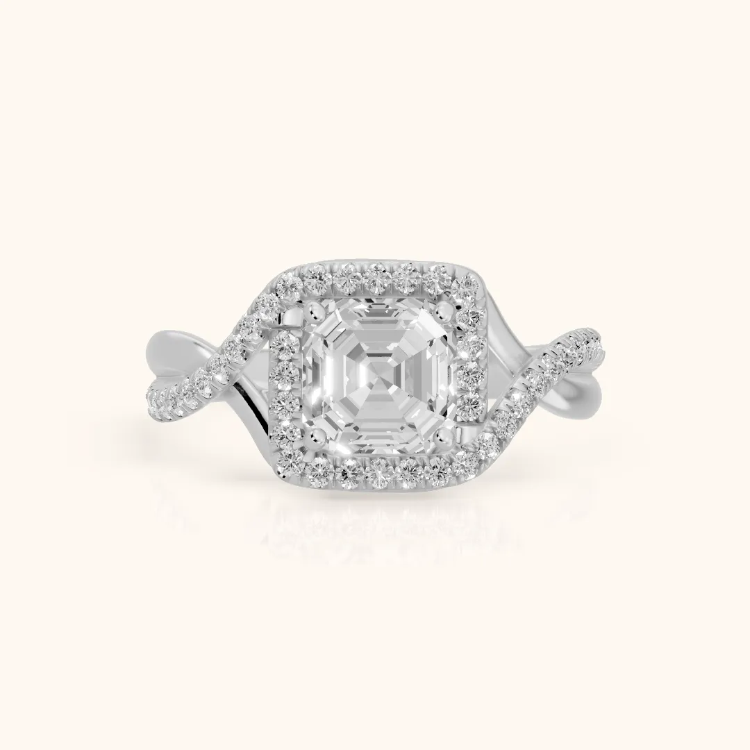 Dover Twist Halo Asscher Diamond Engagement Ring in Platinum — view 2