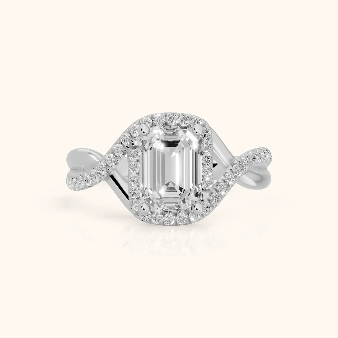 Dover Twist Halo Emerald Diamond Engagement Ring in Silver — view 2
