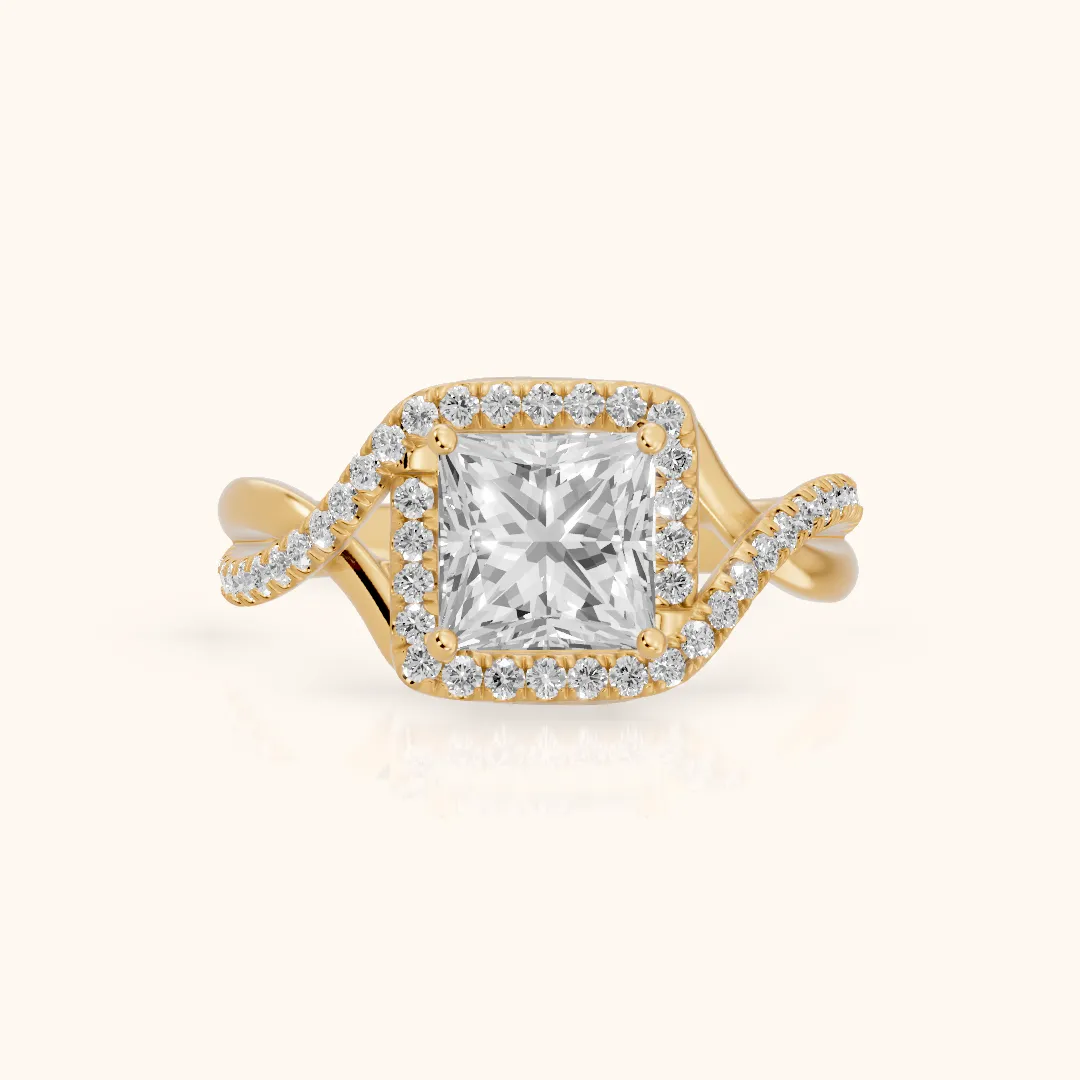 Dover Twist Halo Princess Diamond Engagement Ring in Yellow Gold — view 2