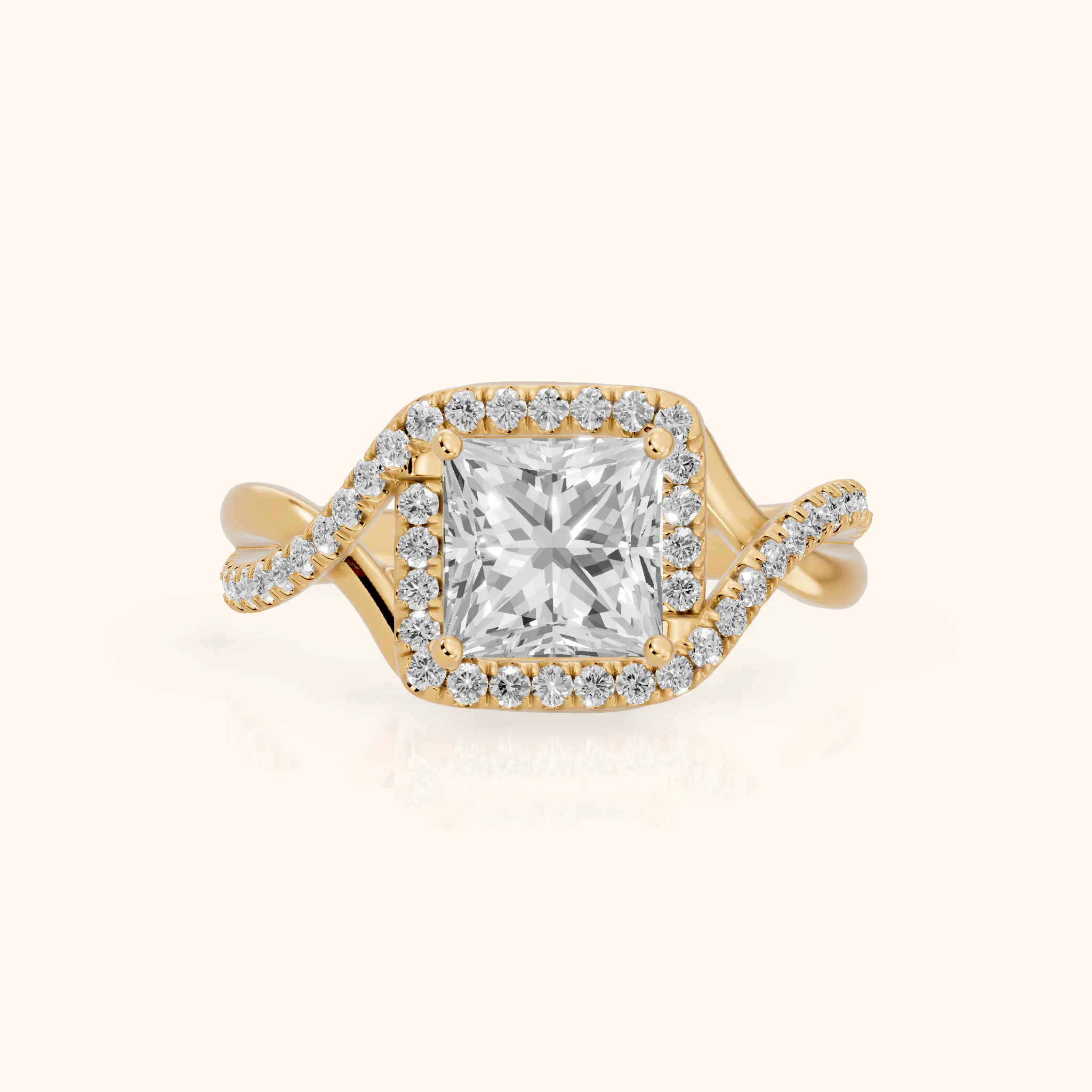 Dover Twist Halo Princess Diamond Engagement Ring in Yellow Gold — view 1