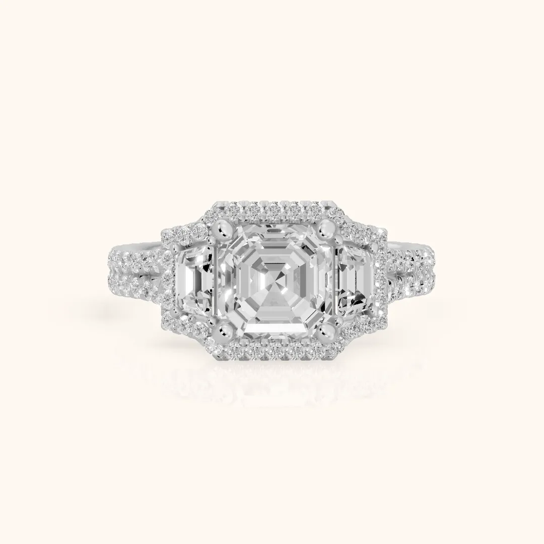 Ronan Three-Stone Halo Asscher Diamond Engagement Ring in Silver — view 2