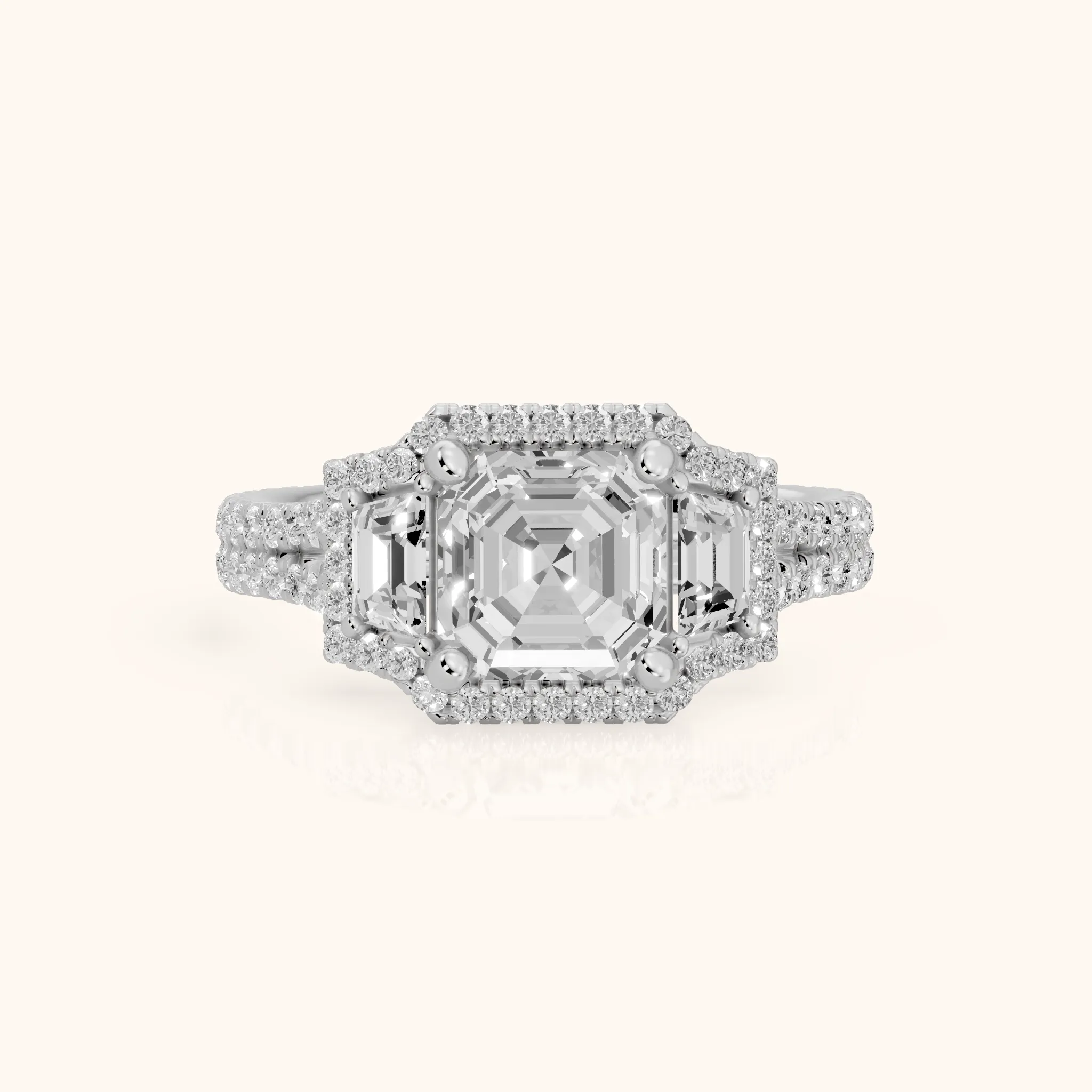 Ronan Three-Stone Halo Asscher Diamond Engagement Ring in Silver — view 1