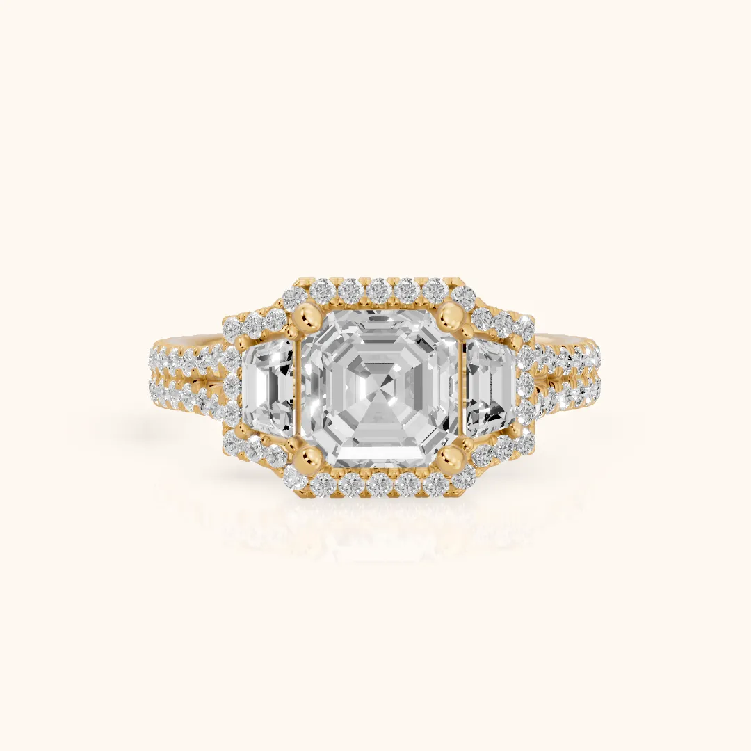 Ronan Three-Stone Halo Asscher Diamond Engagement Ring in Yellow Gold — view 2