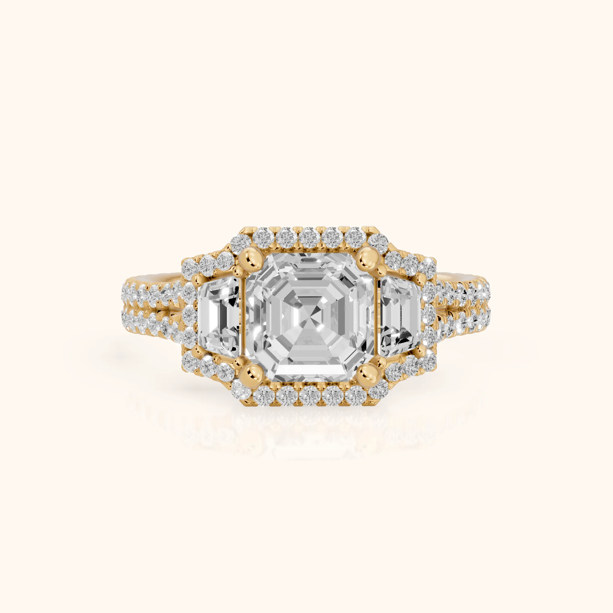 Ronan Three-Stone Halo Asscher Diamond Engagement Ring in Yellow Gold — view 1